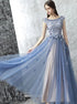 A Line Bateau Floor Length Sleeveless Tulle Prom Dress LBQ0498